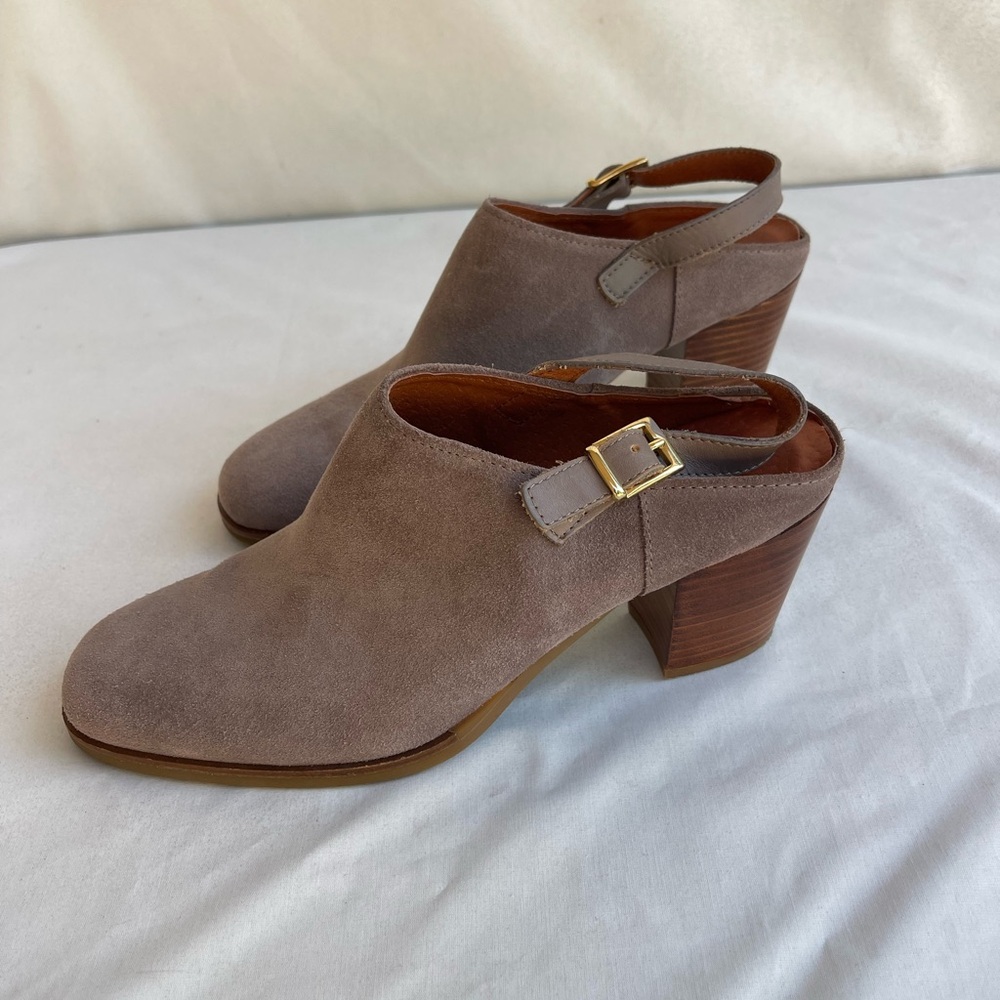 NATALIA BLANCO Women’s Taupe Suede Mules Shoes Wooden Stacked Heel-Size 40/ US 9